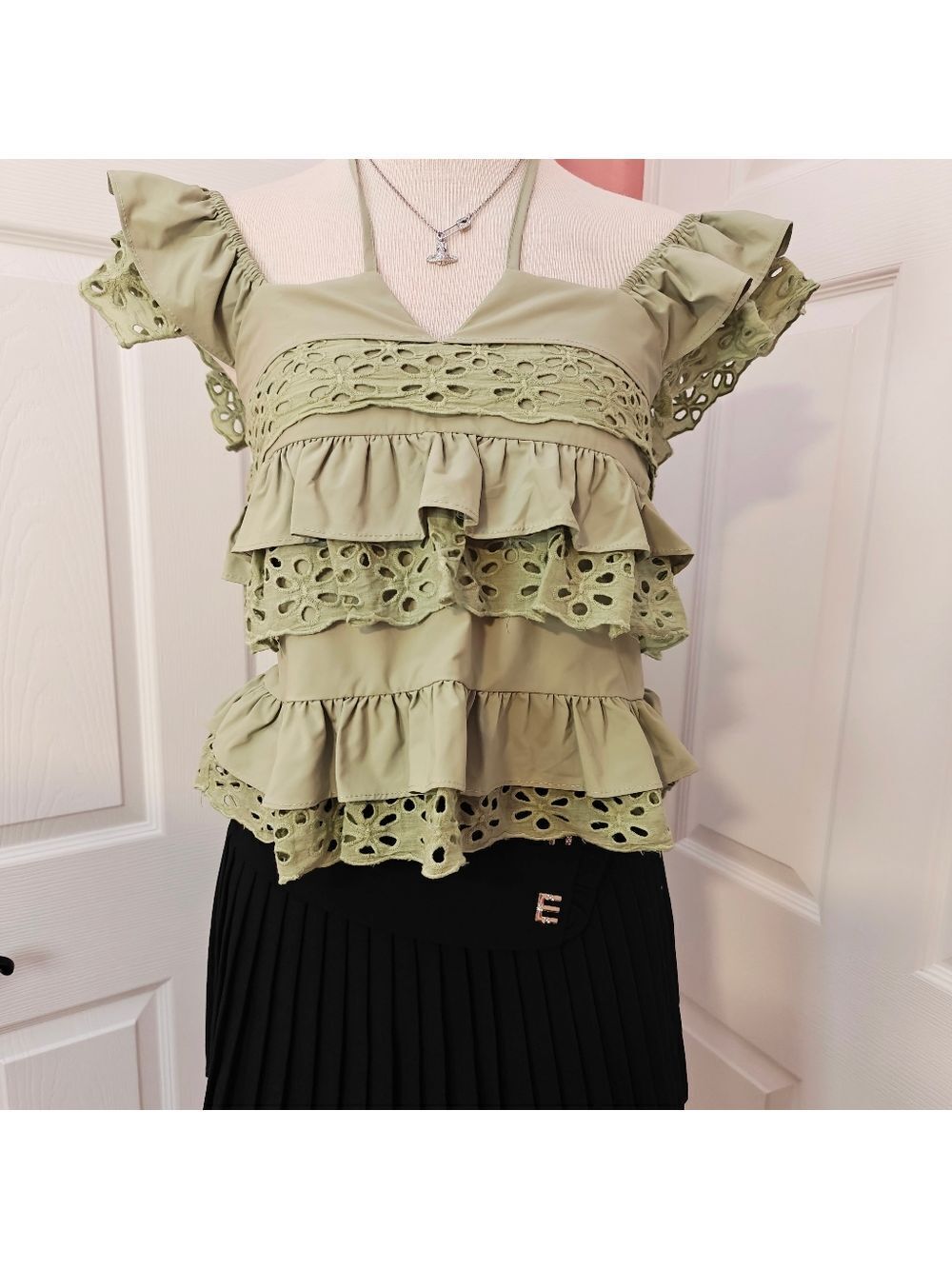 New Olive Green Ruffle Lace Top